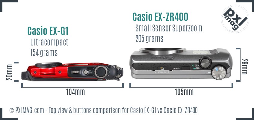 Casio EX-G1 vs Casio EX-ZR400 top view buttons comparison