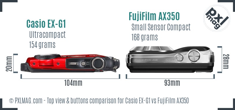 Casio EX-G1 vs FujiFilm AX350 top view buttons comparison