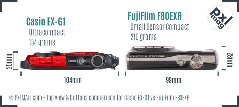 Casio EX-G1 vs FujiFilm F80EXR top view buttons comparison