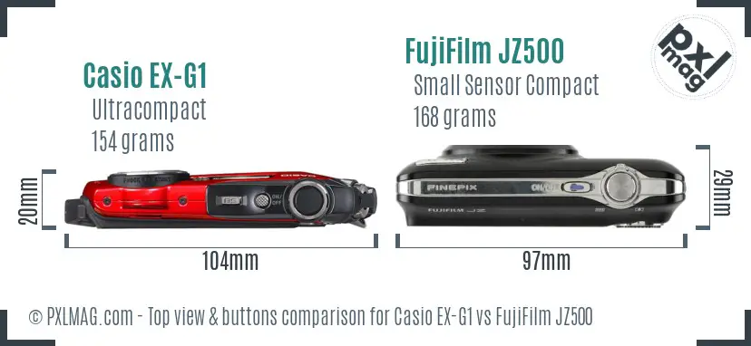 Casio EX-G1 vs FujiFilm JZ500 top view buttons comparison Casio EX-G1 vs FujiFilm JZ500 top view buttons comparison