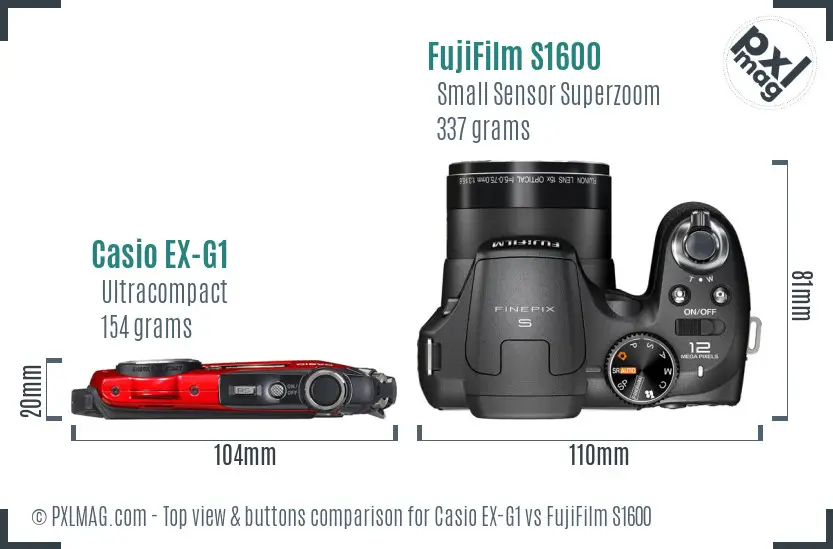 Casio EX-G1 vs FujiFilm S1600 top view buttons comparison Casio EX-G1 vs FujiFilm S1600 top view buttons comparison