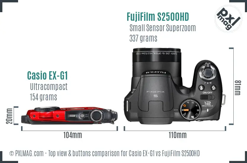 Casio EX-G1 vs FujiFilm S2500HD top view buttons comparison