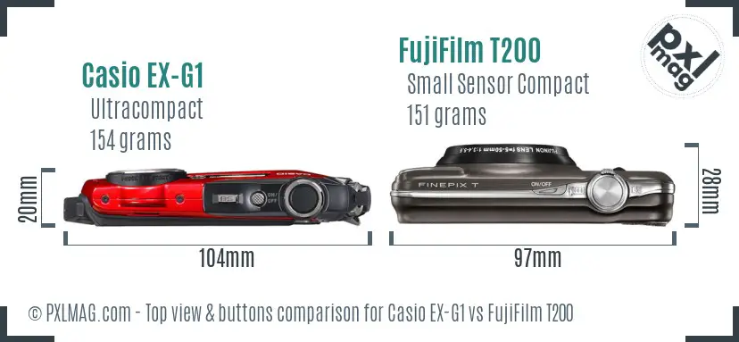 Casio EX-G1 vs FujiFilm T200 top view buttons comparison