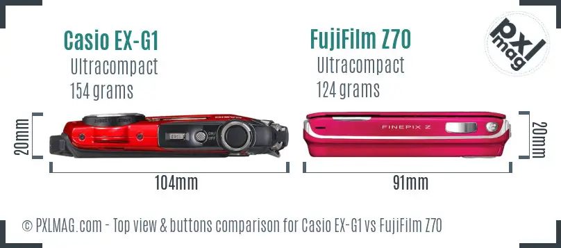 Casio EX-G1 vs FujiFilm Z70 top view buttons comparison