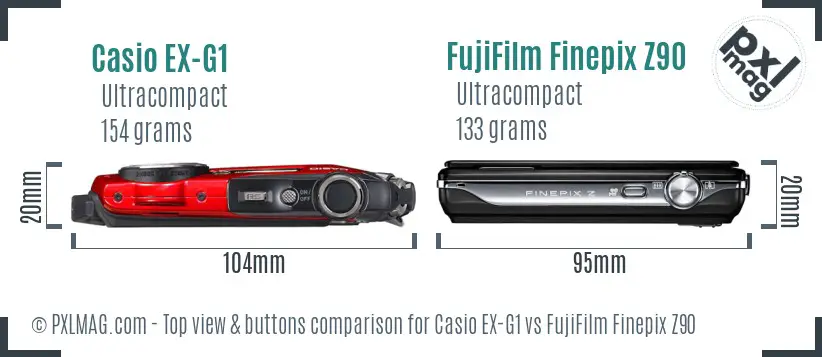 Casio EX-G1 vs FujiFilm Finepix Z90 top view buttons comparison