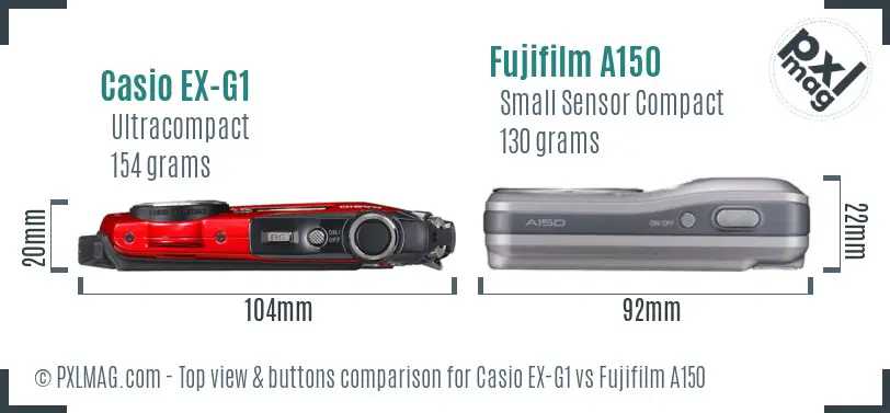 Casio EX-G1 vs Fujifilm A150 top view buttons comparison Casio EX-G1 vs Fujifilm A150 top view buttons comparison