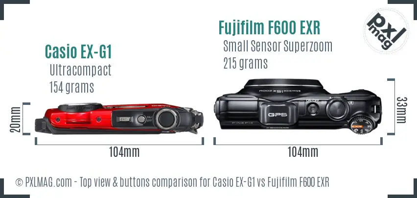 Casio EX-G1 vs Fujifilm F600 EXR top view buttons comparison