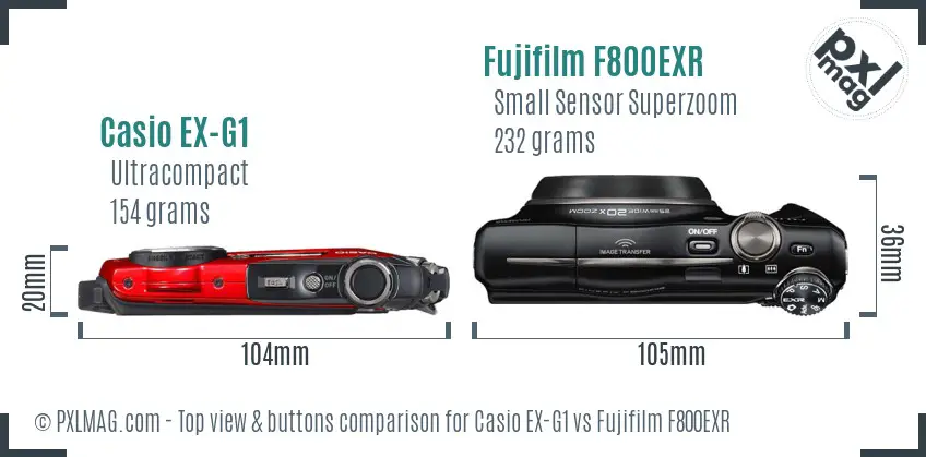 Casio EX-G1 vs Fujifilm F800EXR top view buttons comparison Casio EX-G1 vs Fujifilm F800EXR top view buttons comparison