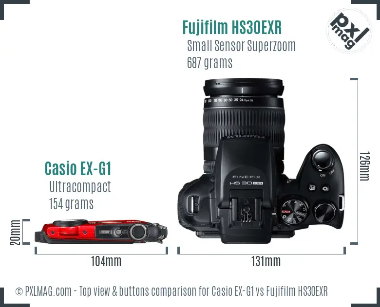 Casio EX-G1 vs Fujifilm HS30EXR top view buttons comparison