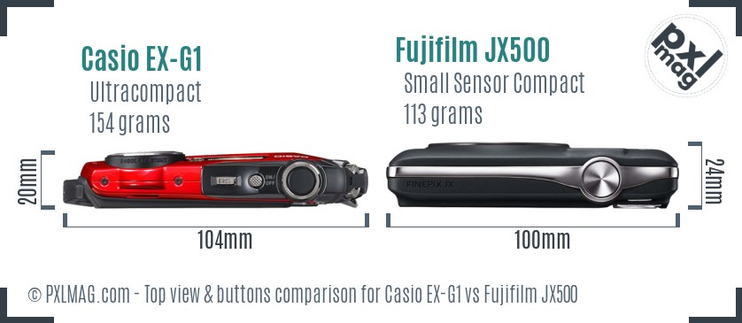 Casio EX-G1 vs Fujifilm JX500 top view buttons comparison