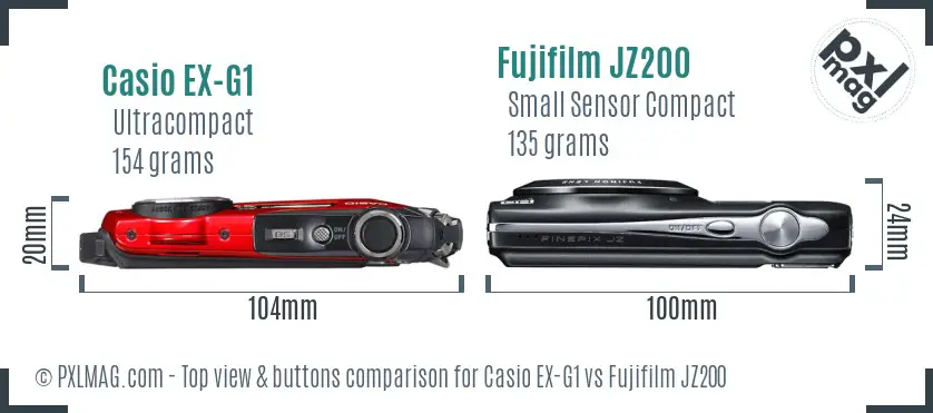 Casio EX-G1 vs Fujifilm JZ200 top view buttons comparison Casio EX-G1 vs Fujifilm JZ200 top view buttons comparison
