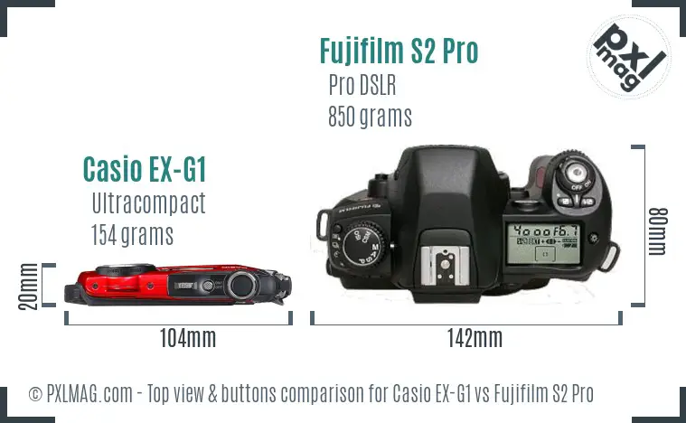 Casio EX-G1 vs Fujifilm S2 Pro top view buttons comparison Casio EX-G1 vs Fujifilm S2 Pro top view buttons comparison