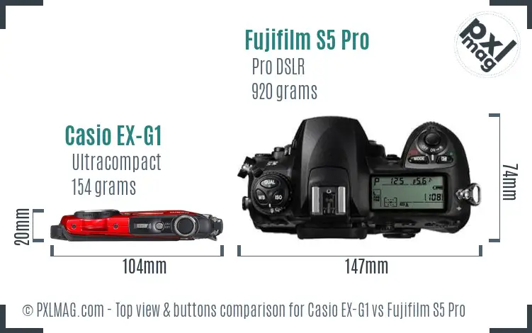 Casio EX-G1 vs Fujifilm S5 Pro top view buttons comparison