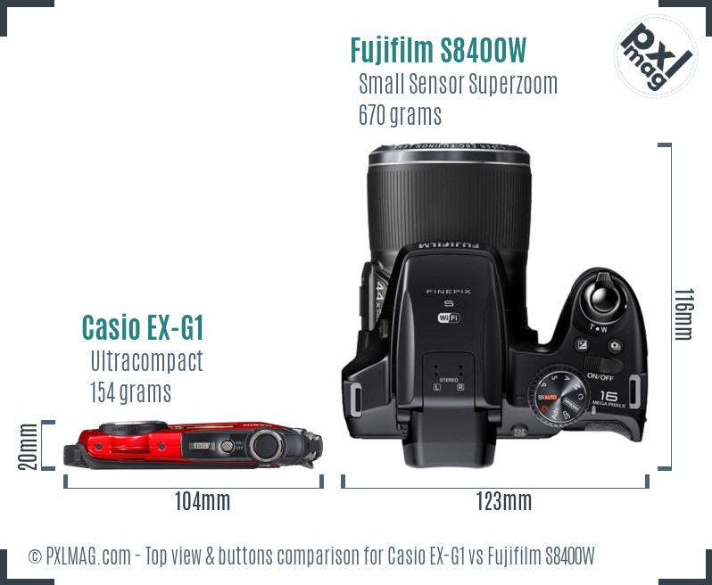 Casio EX-G1 vs Fujifilm S8400W top view buttons comparison