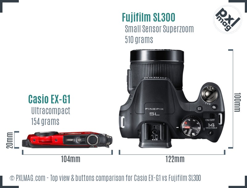 Casio EX-G1 vs Fujifilm SL300 top view buttons comparison