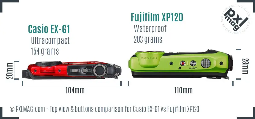 Casio EX-G1 vs Fujifilm XP120 top view buttons comparison