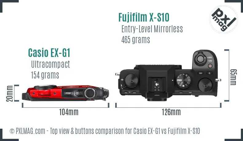 Casio EX-G1 vs Fujifilm X-S10 top view buttons comparison