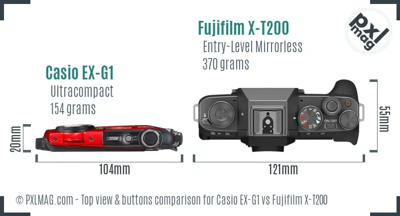 Casio EX-G1 vs Fujifilm X-T200 top view buttons comparison