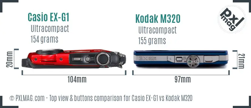 Casio EX-G1 vs Kodak M320 top view buttons comparison