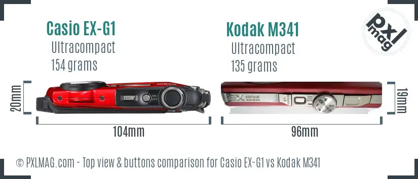 Casio EX-G1 vs Kodak M341 top view buttons comparison