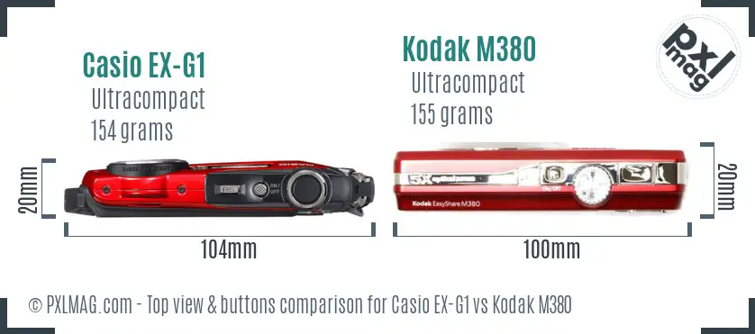 Casio EX-G1 vs Kodak M380 top view buttons comparison