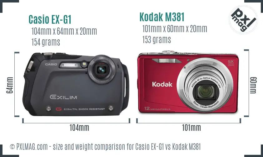 Casio EX-G1 vs Kodak M381 size comparison