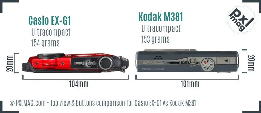 Casio EX-G1 vs Kodak M381 top view buttons comparison