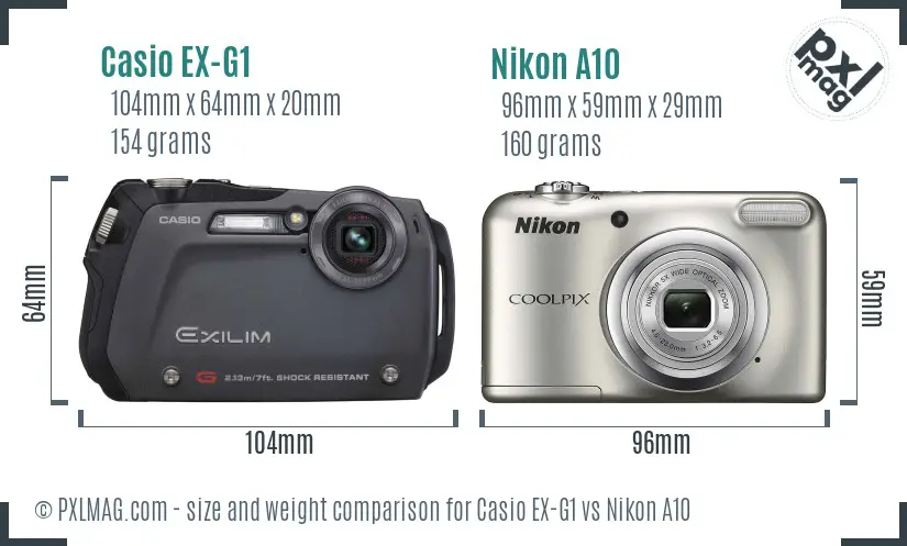 Casio EX-G1 vs Nikon A10 size comparison
