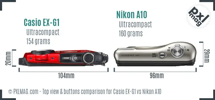 Casio EX-G1 vs Nikon A10 top view buttons comparison