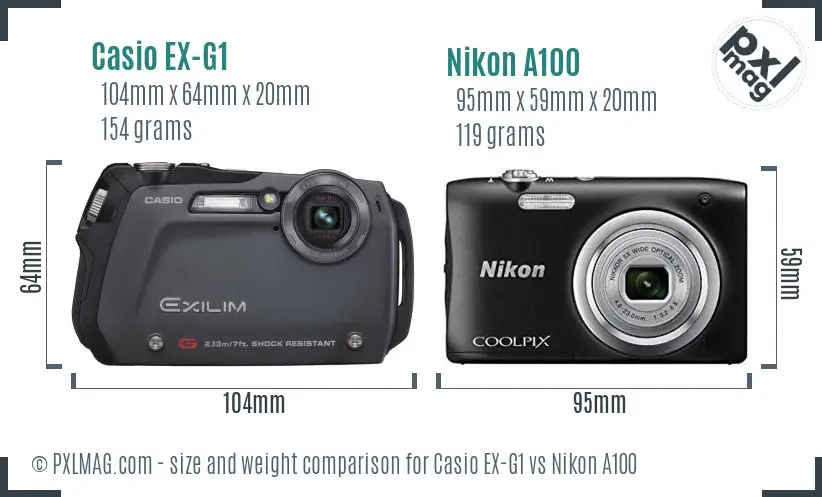 Casio EX-G1 vs Nikon A100 size comparison