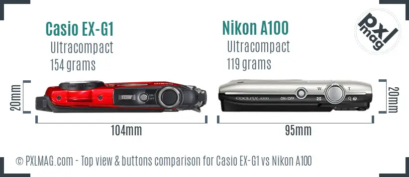 Casio EX-G1 vs Nikon A100 top view buttons comparison