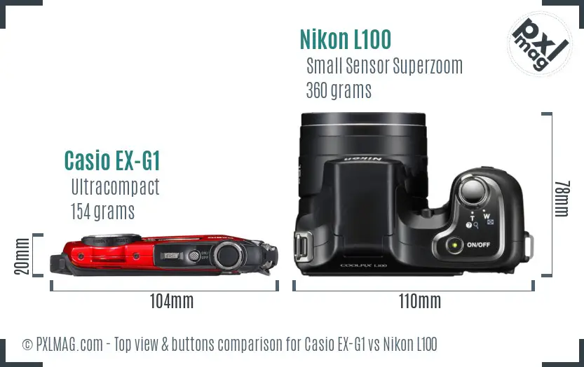 Casio EX-G1 vs Nikon L100 top view buttons comparison