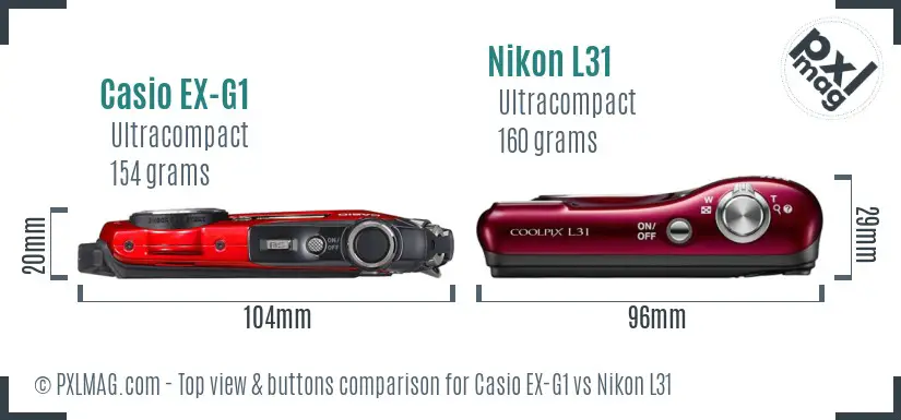 Casio EX-G1 vs Nikon L31 top view buttons comparison