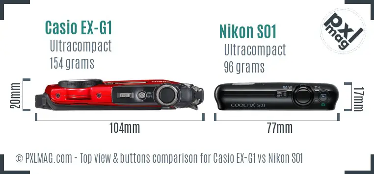 Casio EX-G1 vs Nikon S01 top view buttons comparison