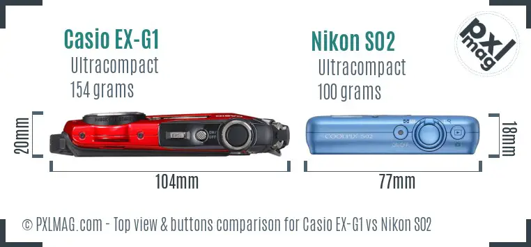 Casio EX-G1 vs Nikon S02 top view buttons comparison