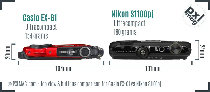 Casio EX-G1 vs Nikon S1100pj top view buttons comparison