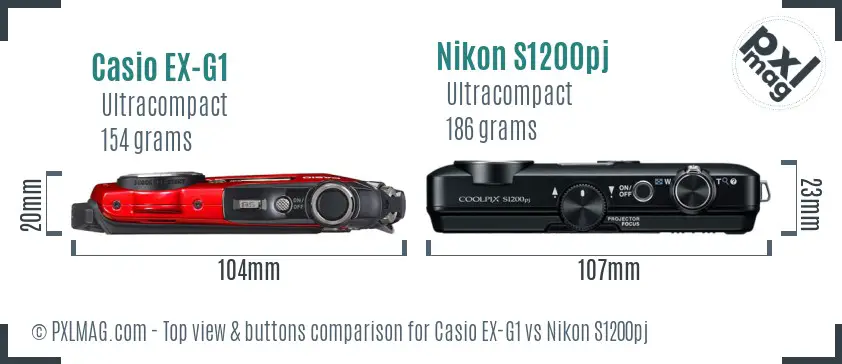 Casio EX-G1 vs Nikon S1200pj top view buttons comparison Casio EX-G1 vs Nikon S1200pj top view buttons comparison
