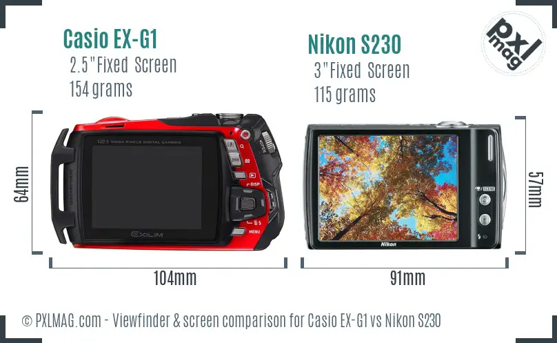 Casio EX-G1 vs Nikon S230 Screen and Viewfinder comparison