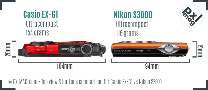 Casio EX-G1 vs Nikon S3000 top view buttons comparison Casio EX-G1 vs Nikon S3000 top view buttons comparison