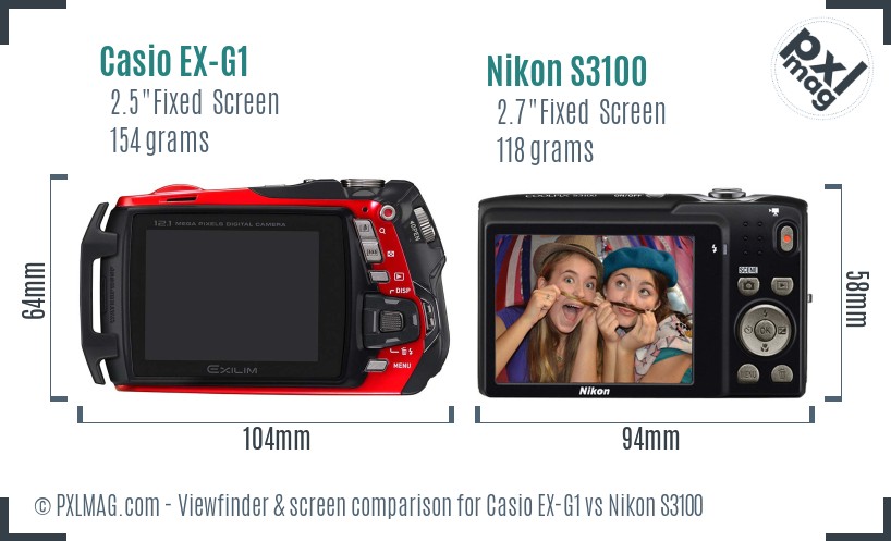 Casio EX-G1 vs Nikon S3100 Screen and Viewfinder comparison