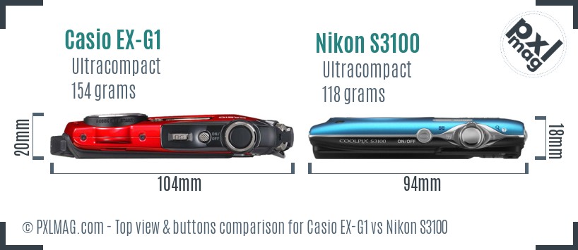 Casio EX-G1 vs Nikon S3100 top view buttons comparison