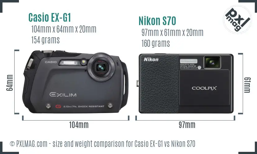 Casio EX-G1 vs Nikon S70 size comparison