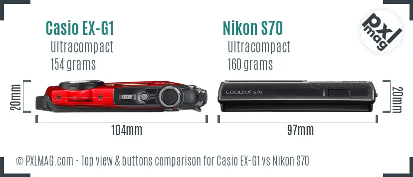 Casio EX-G1 vs Nikon S70 top view buttons comparison