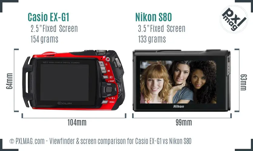 Casio EX-G1 vs Nikon S80 Screen and Viewfinder comparison