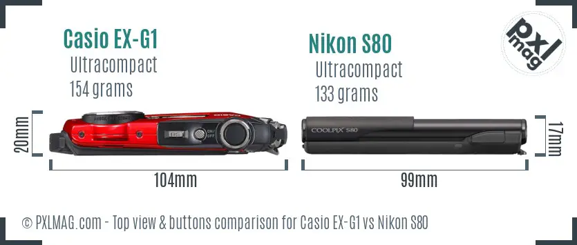 Casio EX-G1 vs Nikon S80 top view buttons comparison