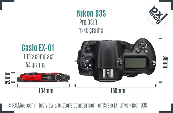 Casio EX-G1 vs Nikon D3S top view buttons comparison
