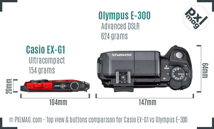 Casio EX-G1 vs Olympus E-300 top view buttons comparison