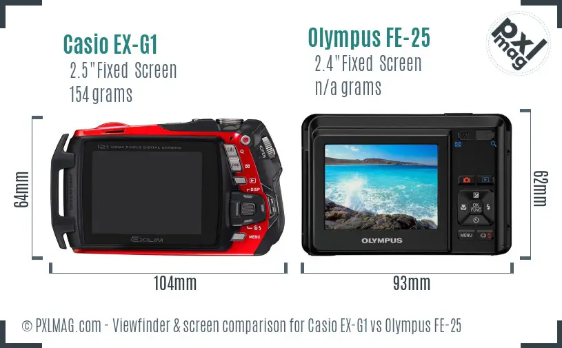 Casio EX-G1 vs Olympus FE-25 Screen and Viewfinder comparison