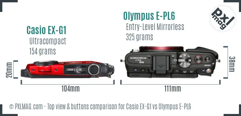 Casio EX-G1 vs Olympus E-PL6 top view buttons comparison