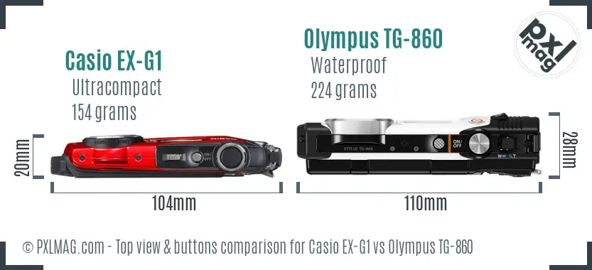 Casio EX-G1 vs Olympus TG-860 top view buttons comparison